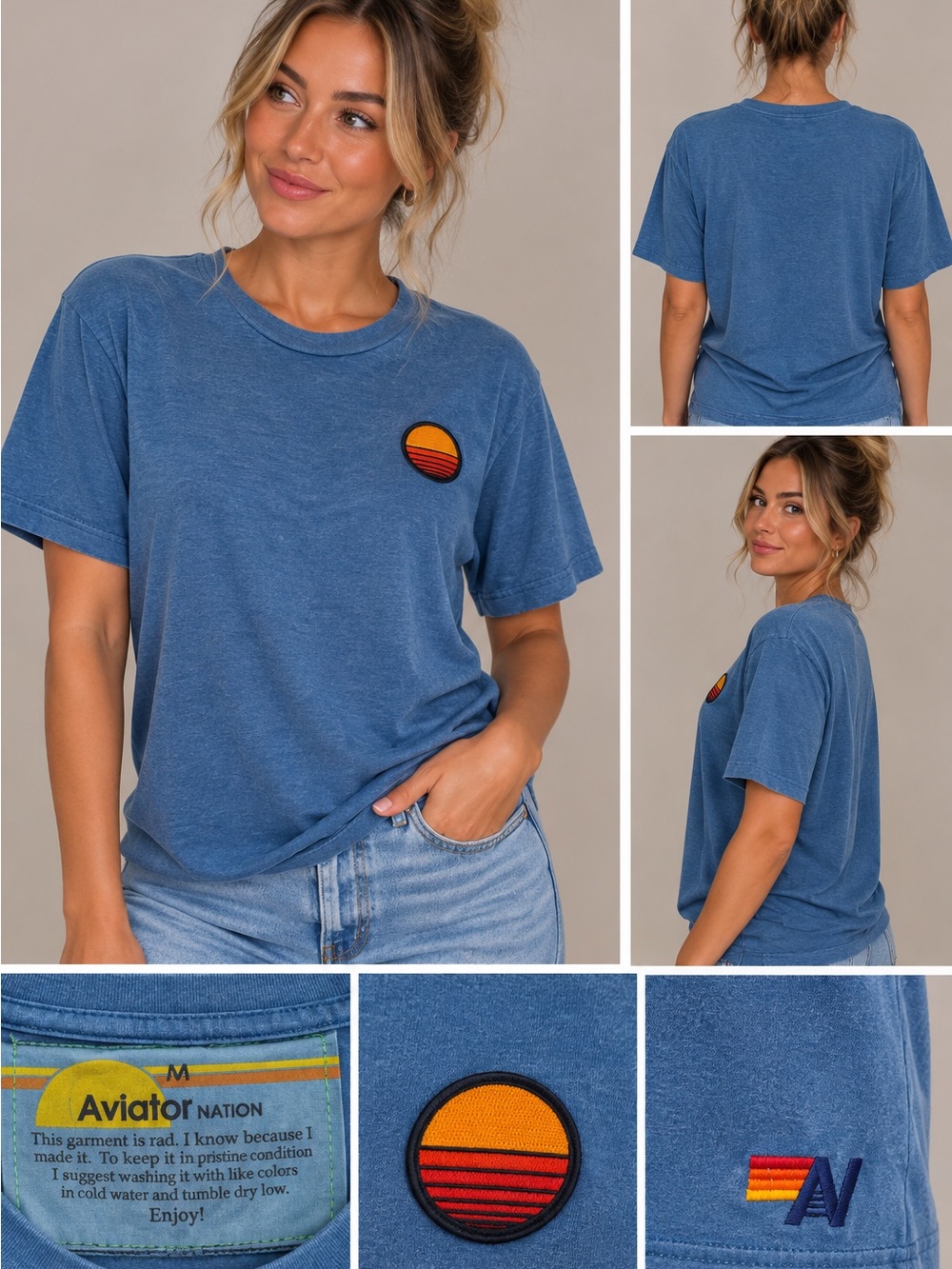 Aviator Nation Blue Vintage Wash Short Sleeve Tee with Sunset Patch